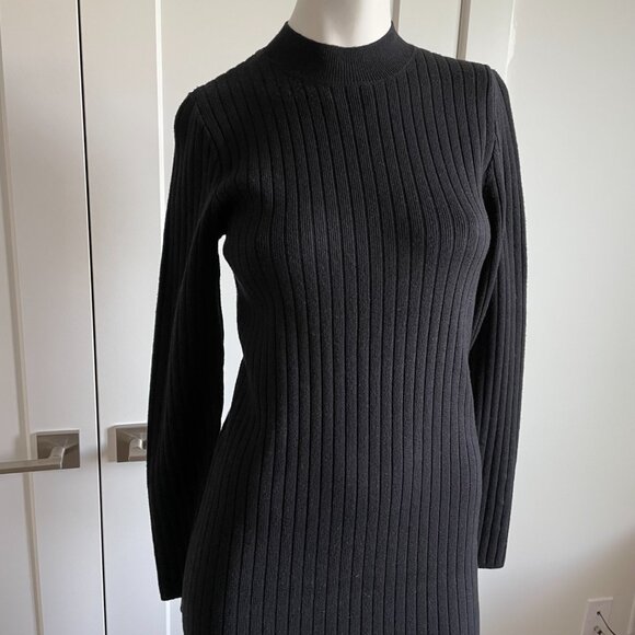 Apricot LS Mock Neck Knit Ribbed Midi Sweater Dress w Side Slit Black Sz XS NWT - Picture 2 of 16